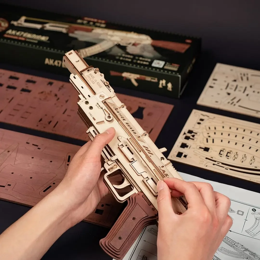 Robotime Rokr 3D Wooden Puzzle Toy Rifle Model Kits with Rubber Bands for Adults to Build Unique Gifts for Kids and Adults AK-47