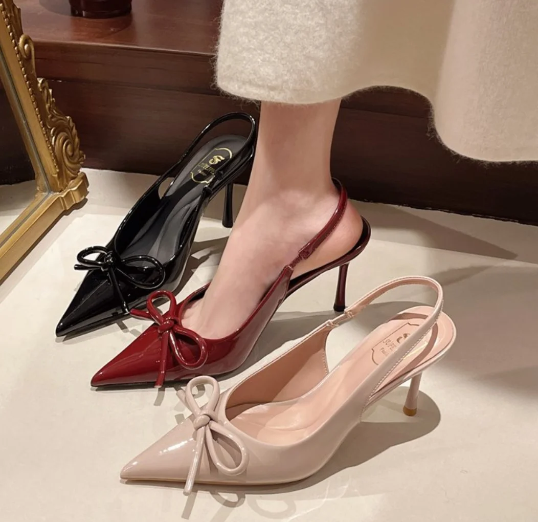 Bow Slingbacks High Heels Sandal For Woman Sexy Pointed Toe Patent Leather High Heels Shoes 2025Summer Elegant Woman Heeled Shoe