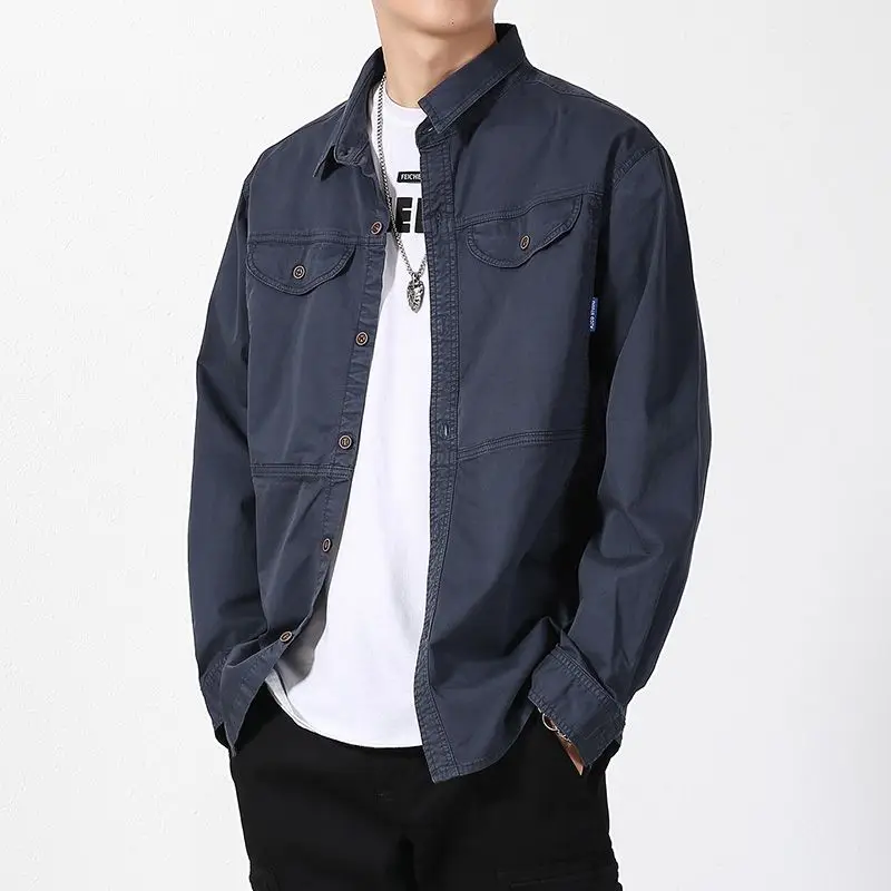 Men's Casual Long-Sleeved Shirt Trendy Brand Loose Fit Cotton Stretch Versatile Cargo Jacket Autumn Top BL816