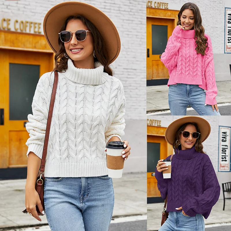 Women Clothing Rough Twist Turtleneck Sweater Loose Casual Knitted Pullover Long Sleeve Short Coats Autumn Winter Tops Solid2025