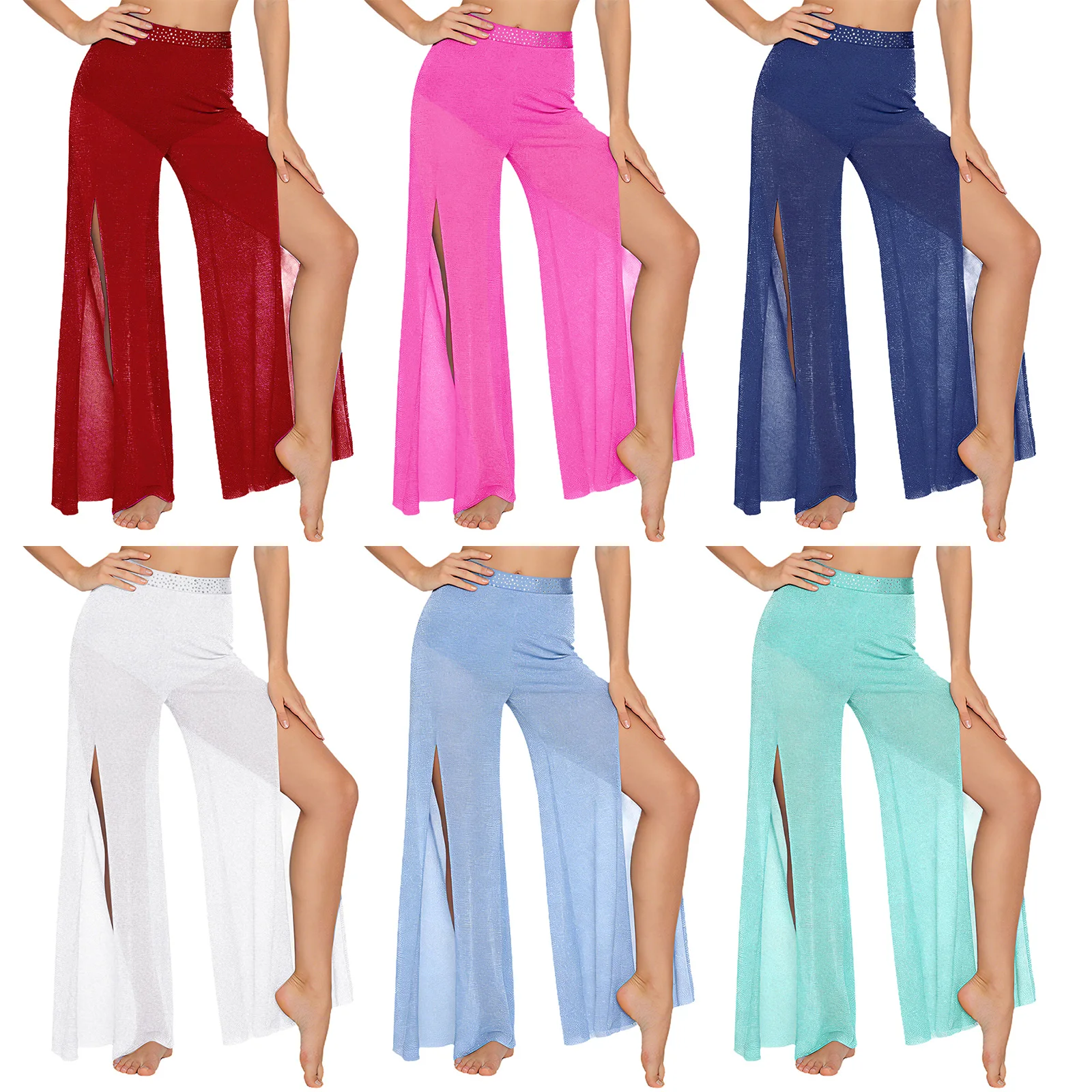 

Womens Lyrical Dance Pants Rhinestone Waist Shimmering Mesh Legs Wide Leg Pants with Built-in Briefs Modern Dance Costume