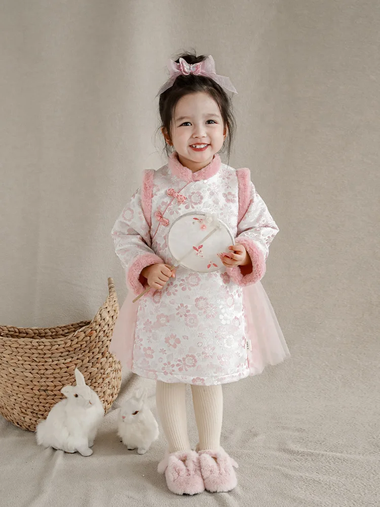 Girls Chinese style cheongsam dress warm 2024 autumn winter children's full print jacquard plus The velvet skirt is thick