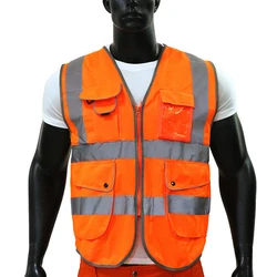 9 Pockets Class 2 High Visibility Reflective Safety Vest for Men Women Work Construction Orange Safety Vests Hi Vis Workwear