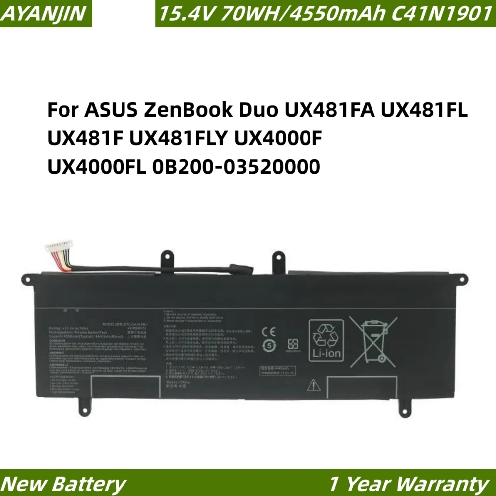 

C41N1901 15.4V 70WH Laptop Battery For ASUS ZenBook Duo UX481FA UX481FL UX481F UX481FLY UX4000F UX4000FL 0B200-03520000