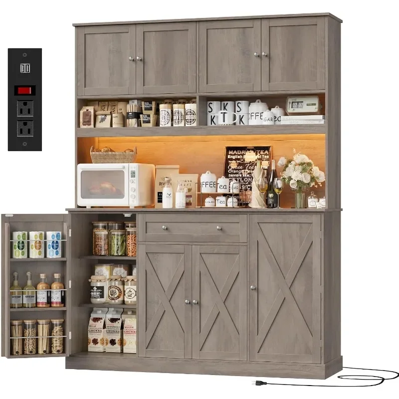 HIFIT Tall Kitchen Pantry Cabinet withLED&Charging Station,Wide Farmhouse Pantry Cabinet with Microwave Stand&Shelves&Swing-Out