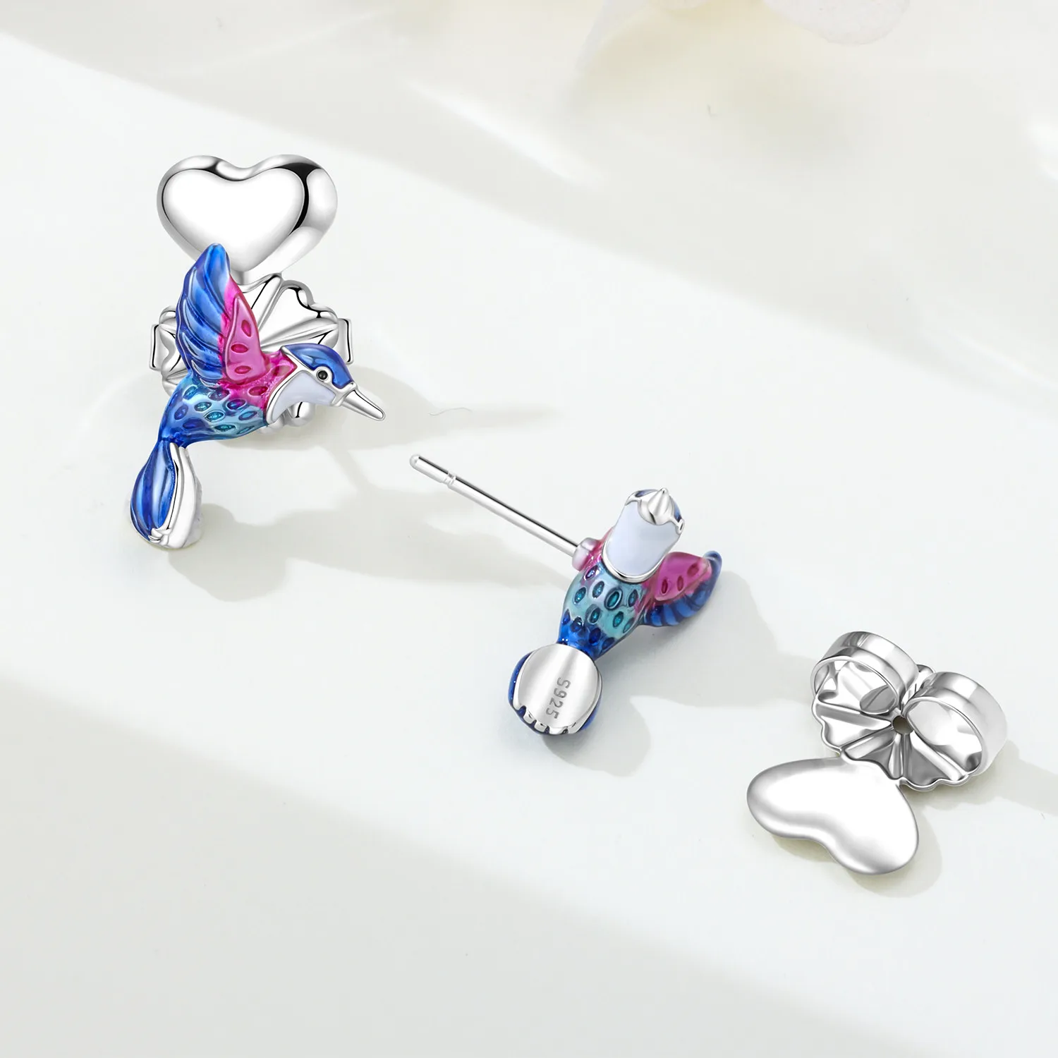S925 Sterling Silver Colorful Hummingbird Stud Earring, Flower Moon Star Earring for Women Girls, Fashion Jewelry Birthday Gift