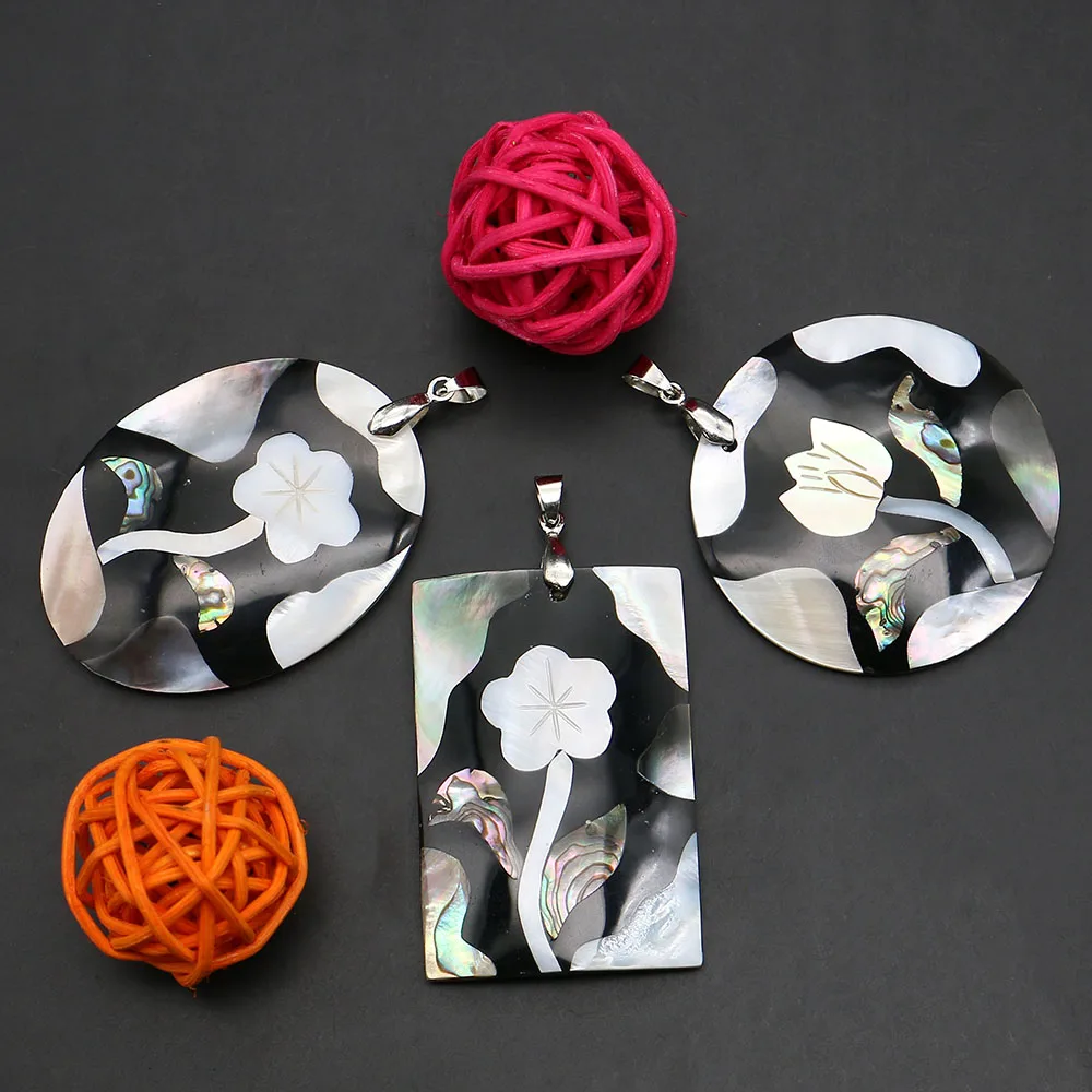 

1 Pc Geometric Shape Single-sided Natural Shell Splicing Flower Pattern Pendants With Silver-color Melon Seed Clasp Accessory