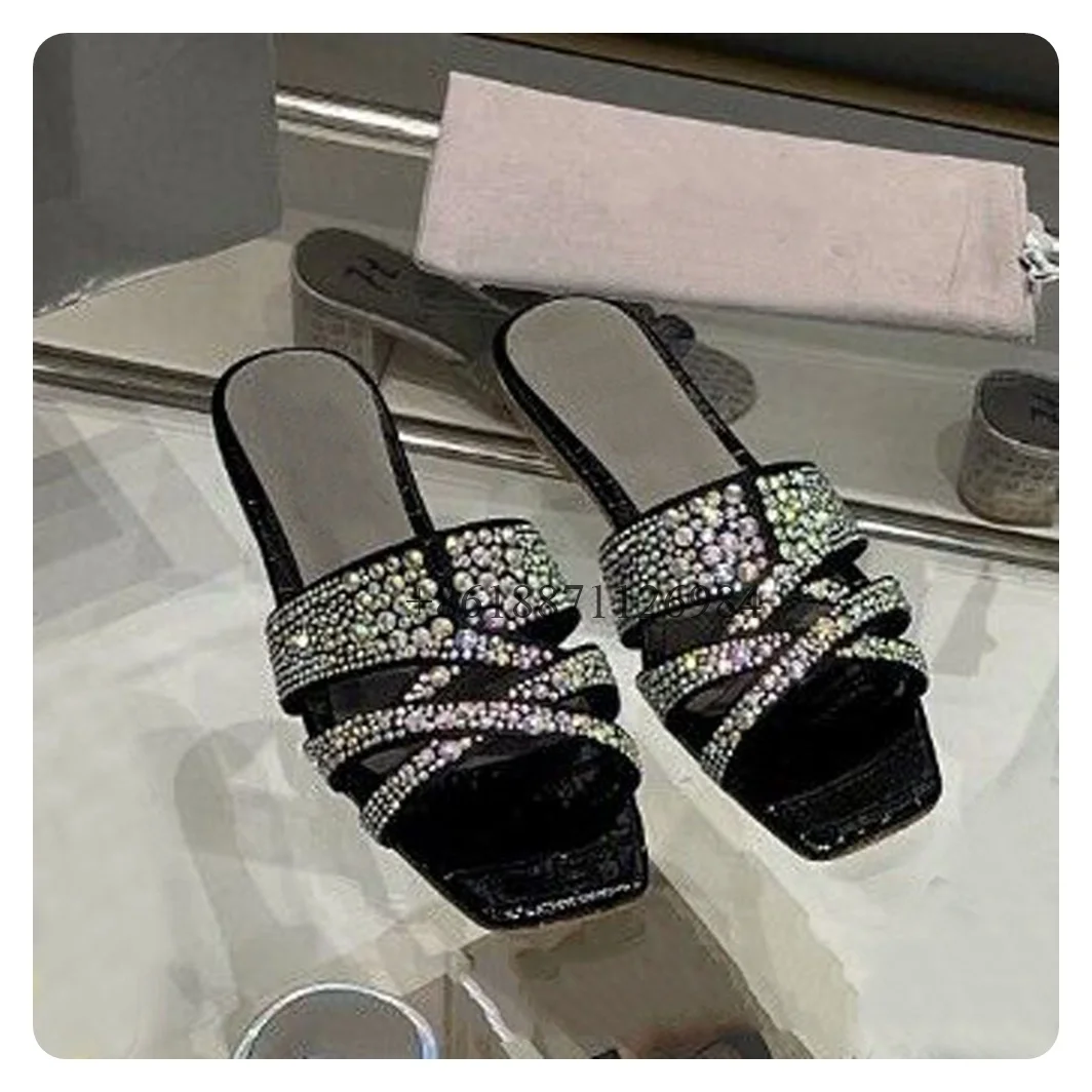 Bling Rhinestone Genuine Leather Square Toe Or Round Toe Women Slippers Chunky Low Heels Slip On Design Large Size Shoes