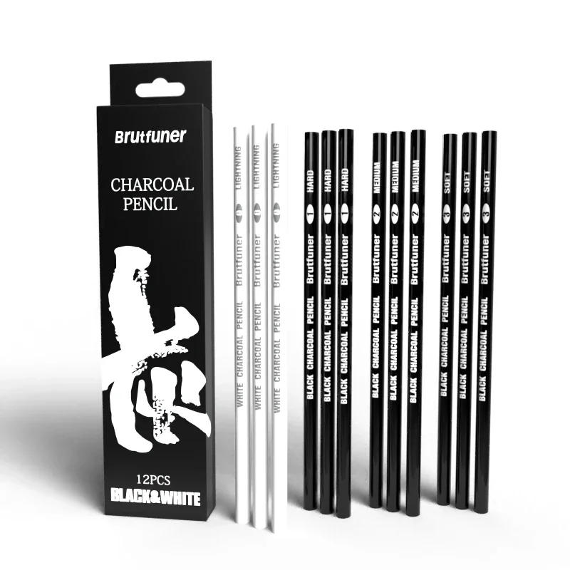 12 Charcoal Combination White Carbon Soft and Hard Carbon Students Sketch Painting Writing Professional Art Brush Stationery