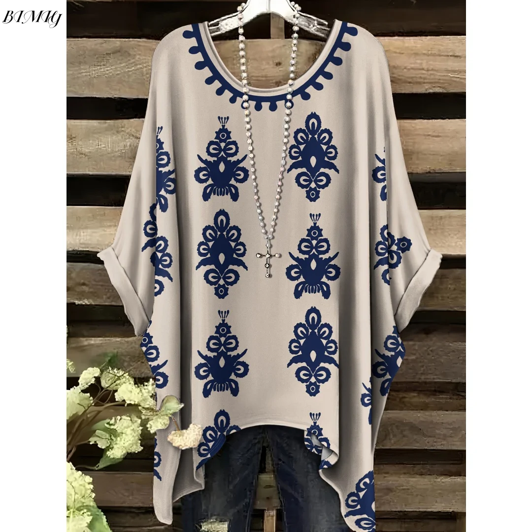 

Летняя женская элегантная богемная двухцветная футболка с цветочным принтом в форме сердца и бабочкой, повседневная блузка с круглым вырезом в стиле бохо для любителей 2025