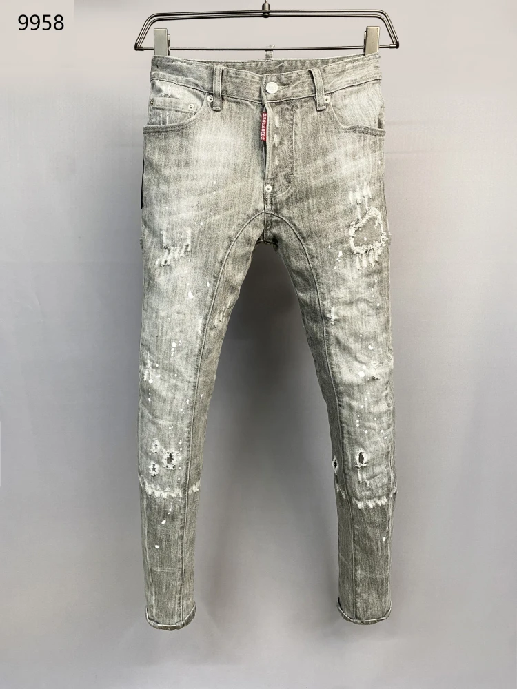 

DSQ2 Trendy Men's Jeans with Patched Holes Slim Fit Casual Long Pants Youthful Sle Breathable Denim Jeans for All Seasons