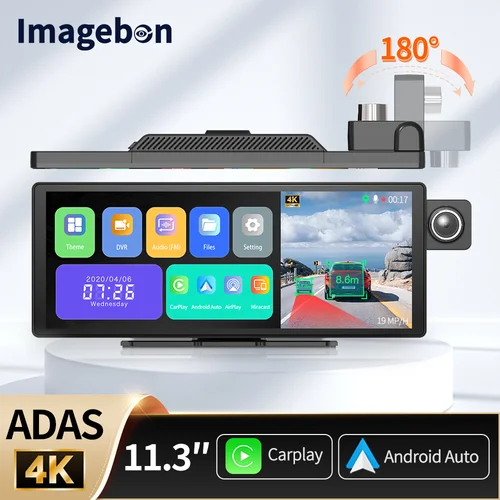 Imagebon ADAS 대시 캠 무선 카플레이, 안드로이드 오토, 3 채널 녹화, 자동차 DVR, FM, GPS, 타임 랩스, 24 시간 주차 모니터, 11.3 인치, 4K 