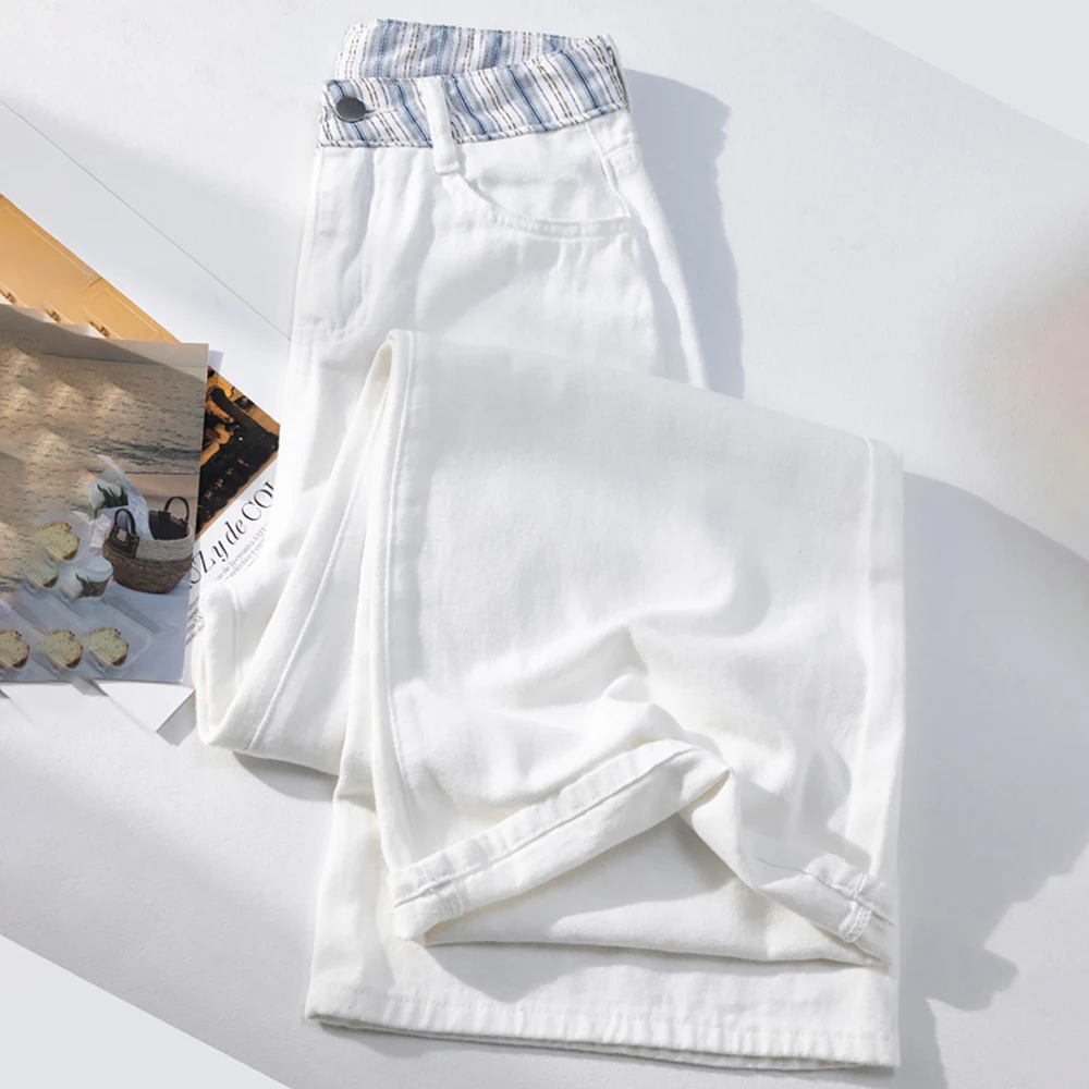 White Wide Leg Jeans for Women Summer Thin Casual Loose Striped Pocket Denim Pants Fashion High Waist Straight Slim Trousers