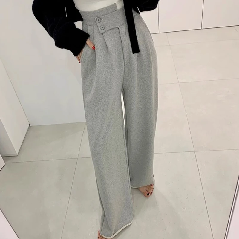 South korea Chic  Basic High Waist Buckle Slimming Pleat Drape Casual Wide Leg Pants Mopping Pants Trousers Women