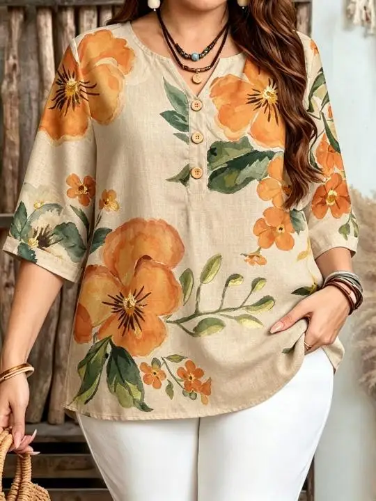 Women Retro Watercolor Large Floral All‑Over Print Blouse For Curvy Figures Notched Neck 3/4 Sleeve Loose Casual Ladies Tops