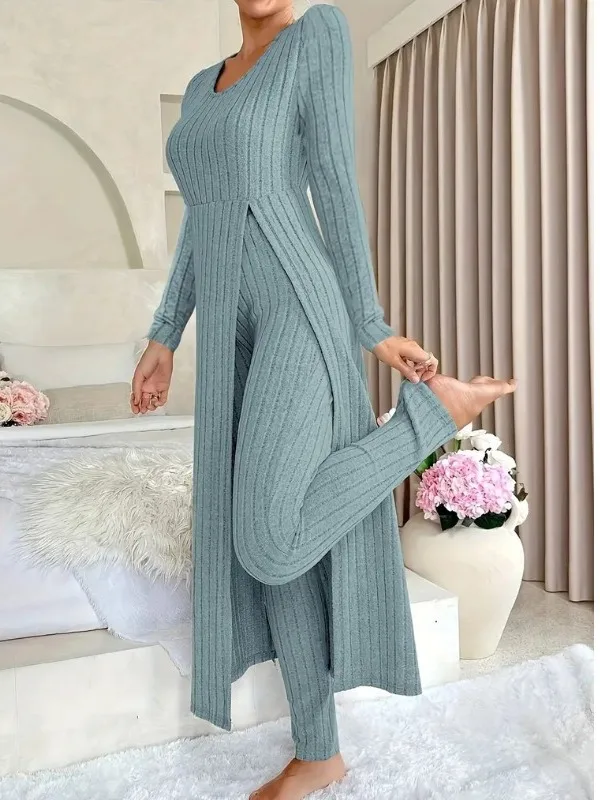 

ay Slim Fit Long Sve T-irt And Pants Two Piece Set Faionable round Ne Design Asymmetrical Detail Polyester Fiber