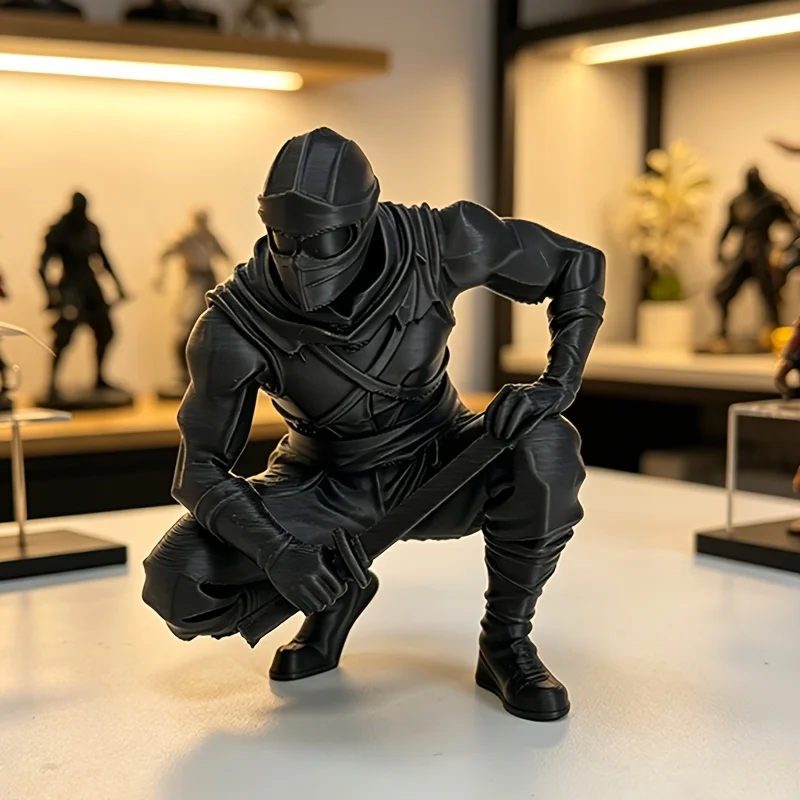 3DPrinted Black Ninja Samurai Statue Ornament——Designed with a knife held in a squatting position，This ninja-style figurine is p