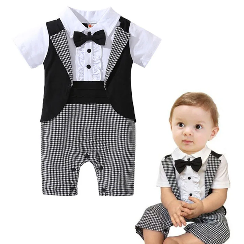 Rompers for Baby Boy Baptism Clothes England Plaid Formal Jumpsuit Baby One Pieces Baptism Romper Baby Gentleman Clothes 3-18M