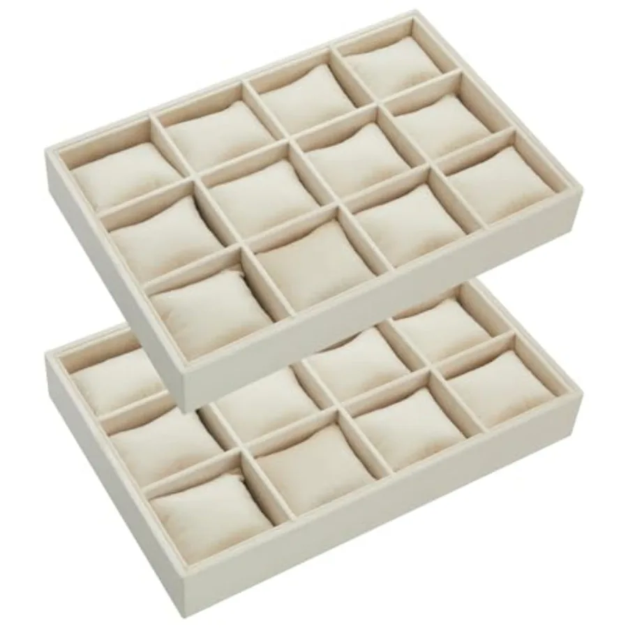 

2 Pieces 12 Grid Velvet Watch Tray Jewelry Organizer Stackable Watch Bracelet Bangle Display Holder Adjustable Pillow Beige