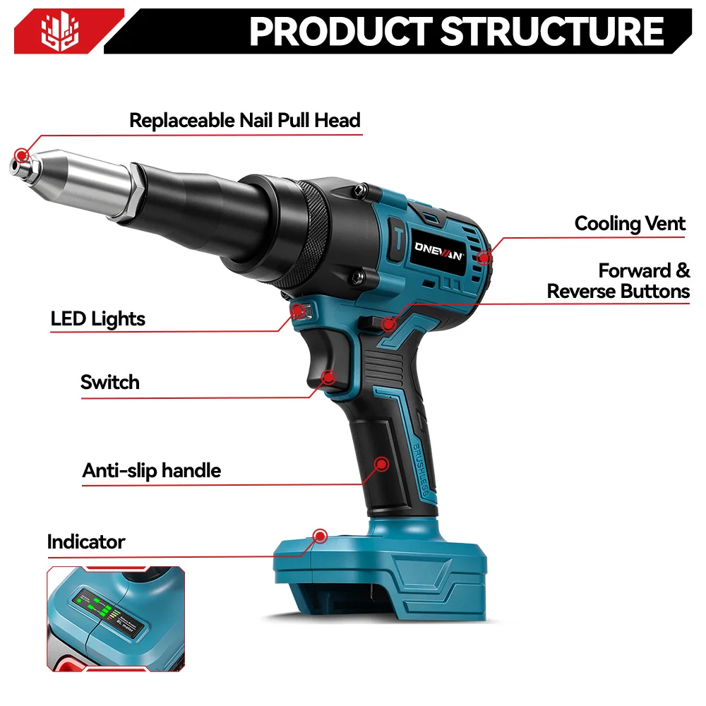 ONEVAN 1200W Brushless Electric Rivet Gun 25000N Cordless Fit 2.4-5.0mm Riveting Industry Renovation Tool For Makita Battery Pin