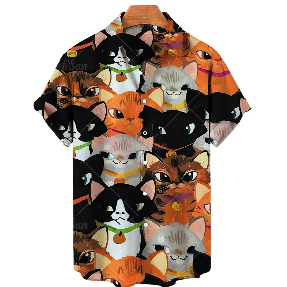 Camisa con estampado de León y sabueso para hombre, camisa de manga corta con estampado de perro lindo, solapa abierta, Top de tela cómoda