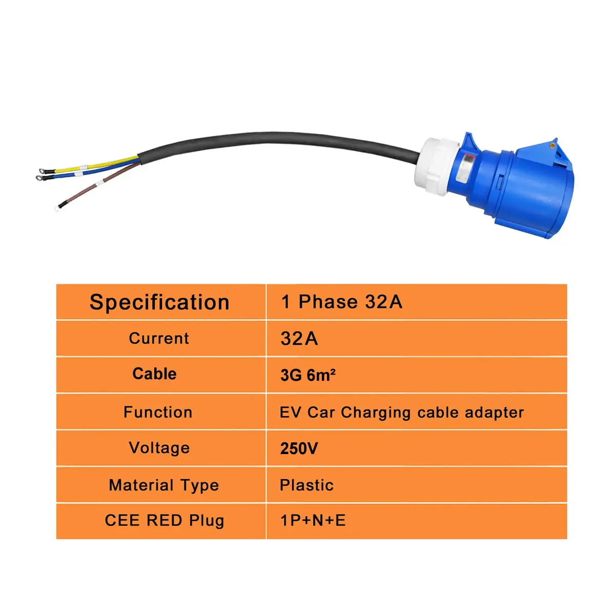 1 Phase 32A 3G 6mm² Blue Female Charging Cable Adapter For 7KW Car Electric Vehicle EV Charger