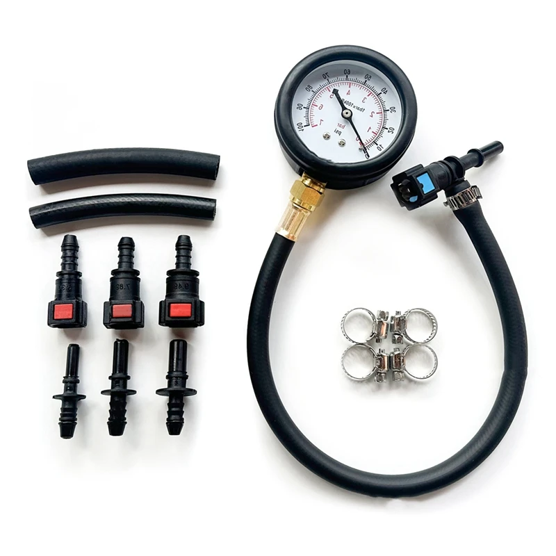 B-M Fuel Pressure Test Kit Fuel Injection Pump Pressure Tester Gauge Kit Black Metal+Rubber For Car, Motorcycle, Truck