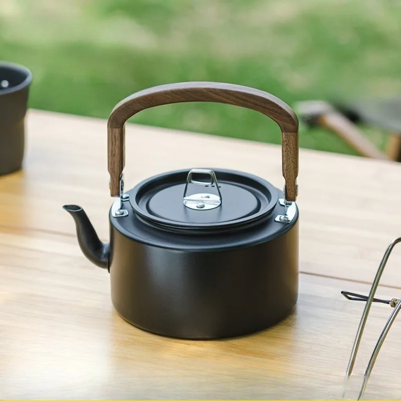1.2L Lightweight Aluminum Alloy Camping Kettle with Wooden Handle Black And Gray Portable Outdoor Cooking Pot