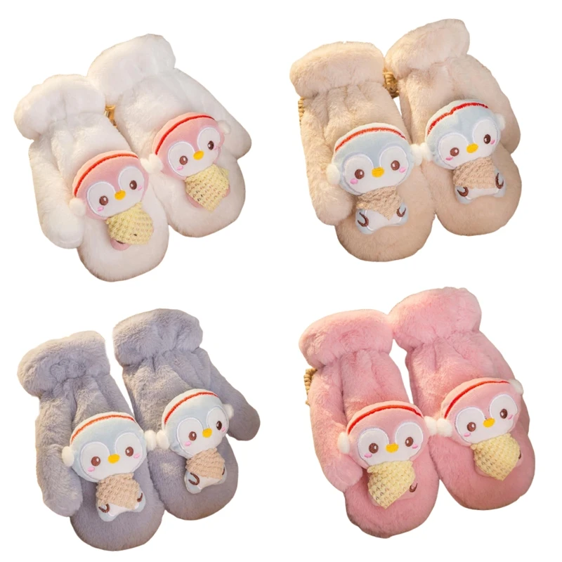 Luvas femininas inverno, forro quente, luvas grossas aconchegantes, decoração pinguim pelúcia, acessórios para clima