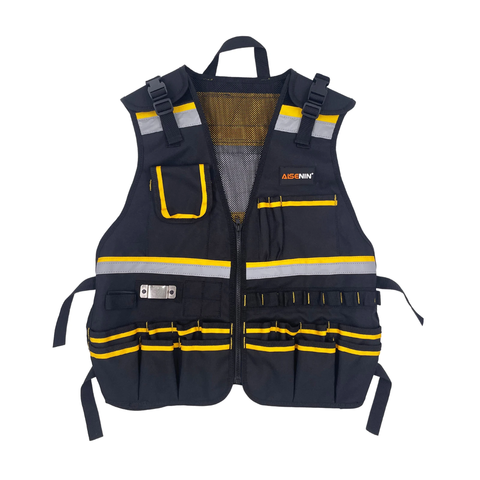 Gilet per attrezzi con cinghie regolabili, tasche per attrezzi, passanti per cinture e strisce riflettenti, gilet da lavoro resistente per