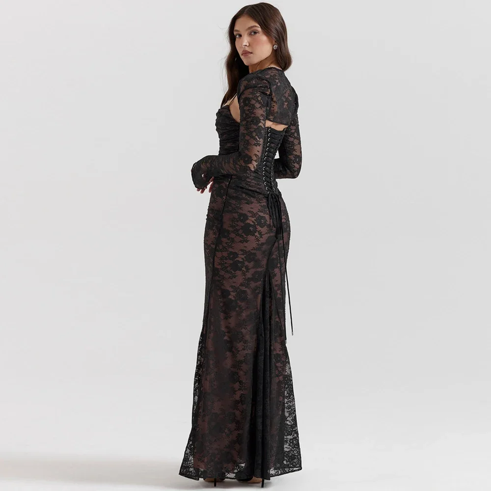 Slim Evening Cocktail Party Dresses Chic Back Bandage Outfit Robe  Women Vintage Elegant Long Sleeve Lace Maxi Dress