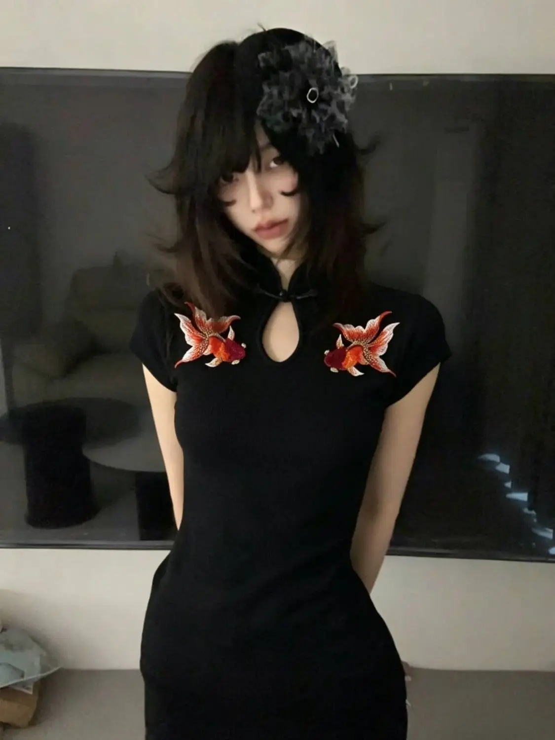 New Chinese Retro High Street Top For Women Millennial Slim Down Cheongsam Short Sleeved T-shirt Koi Fish Embroidery Antique Y2K