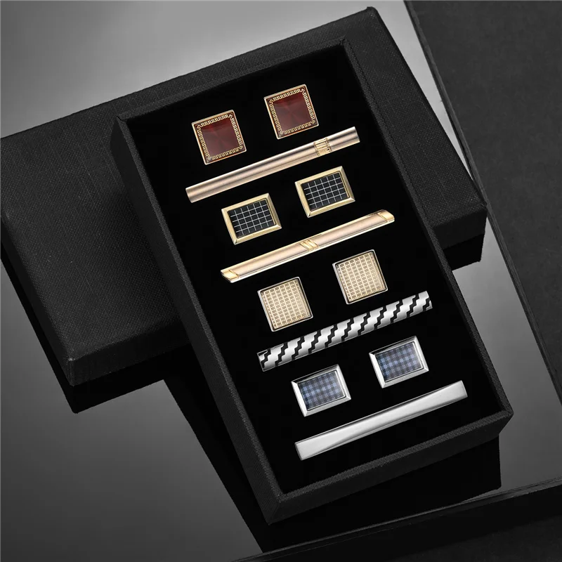 4 Sets Tie Clips & Cufflinks For Men Man Shirt Cufflink Wedding Guests Gift With Box Pisa Ties Pin Luxury Men's Gift For Husband
