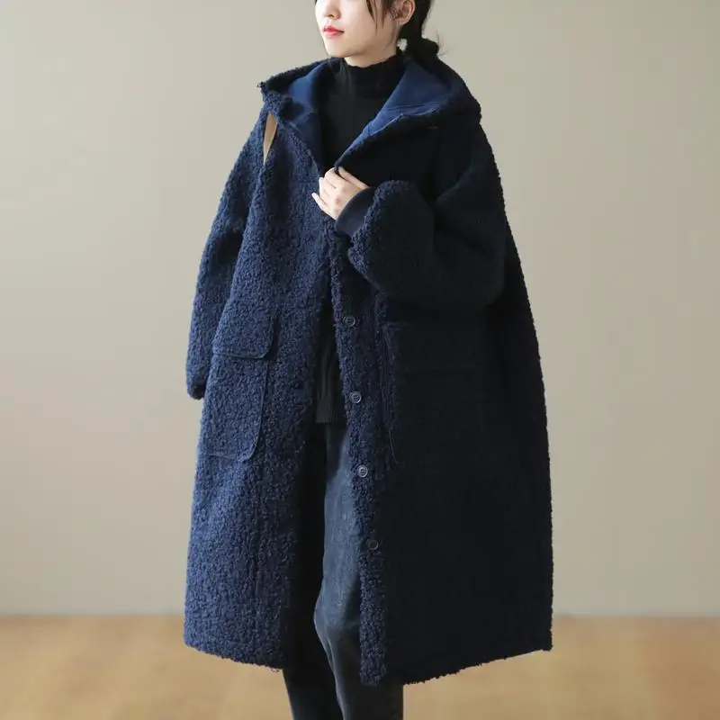 Winter New Women's Cotton Jacket Loose Windbreaker Hooded Imitation Lamb Wool Jacket