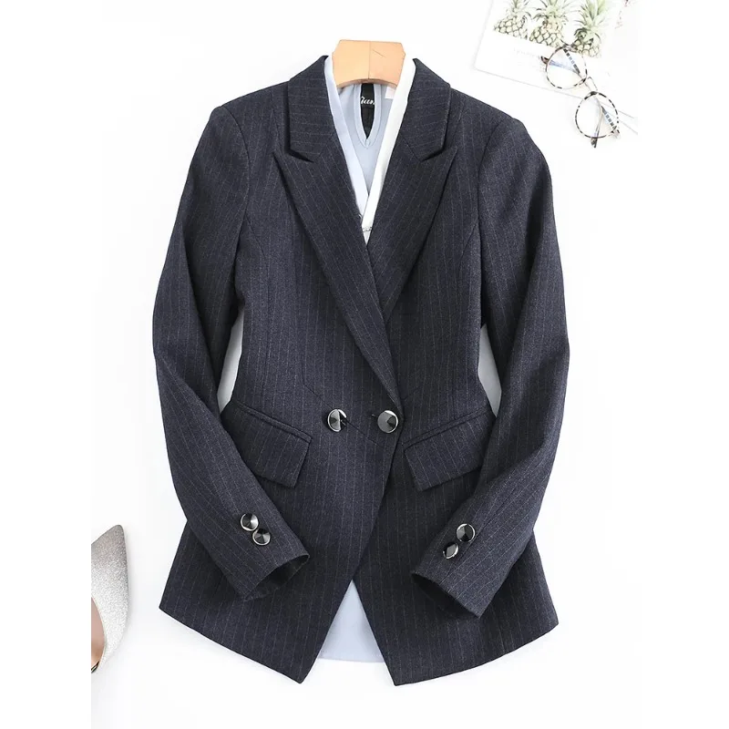 Blazer de traje a rayas negras y azules para mujer, chaqueta de oficina para mujer, ropa de trabajo de negocios, chaqueta femenina de manga larga, abrigo Formal de un solo pecho