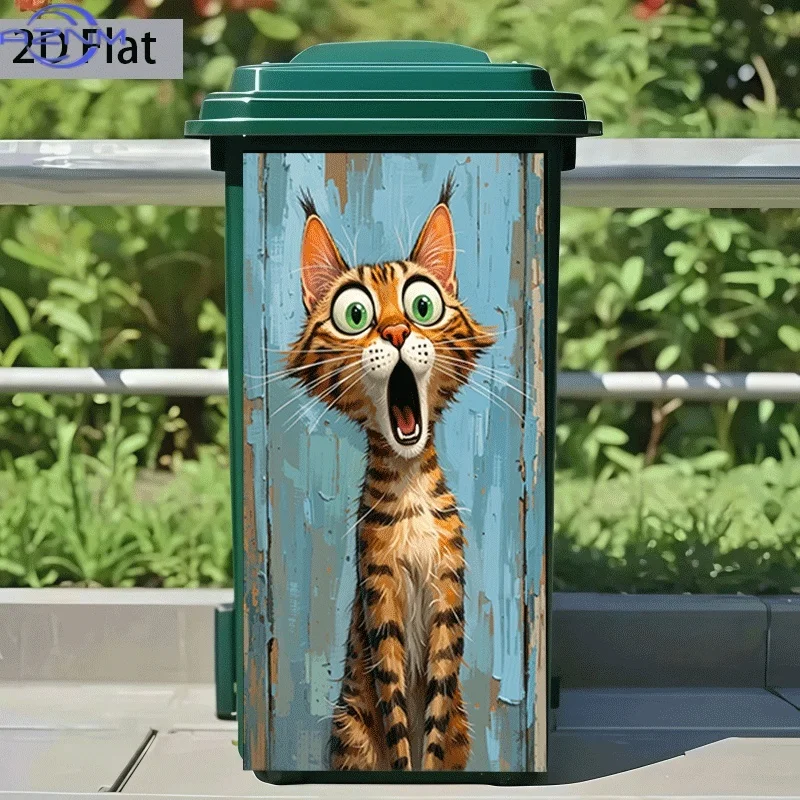 2D Flat Printing 1pc Trash Can Sticker Cute Cat with Shocked Expression Theme Design Wall Decal Self-Adhesive Wallpaper Kitche