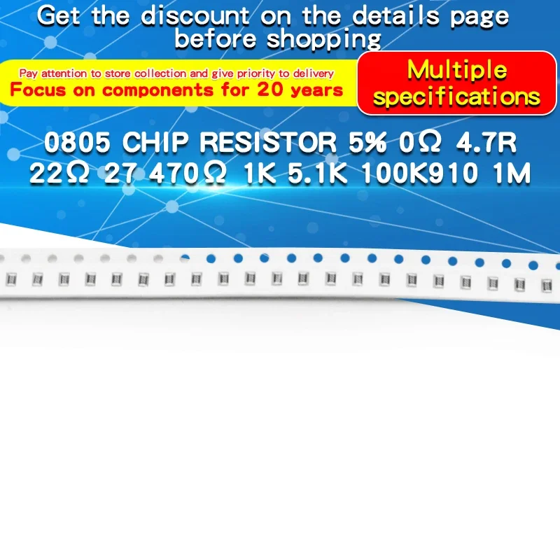 Imagem -02 - Smd Chip Resistor 0o1mo 3.3 24 100 120 300 330 470 510 k 1k 2.2k 4.7k 5.1k 43 10k k 100k 910k m Smd Resista: 100 Pcs 0805