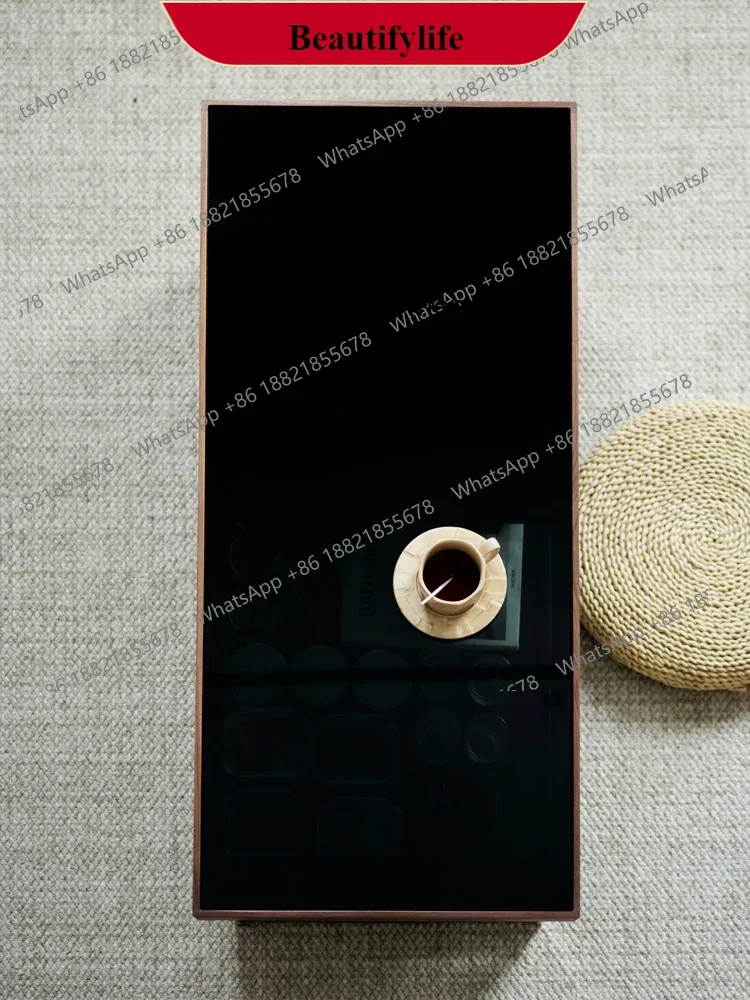 

G153 Light Luxury Coffee Table Tempered Glass Countertop Black Walnut Solid Wood Modern Black Rectangular Small Apartment Stora