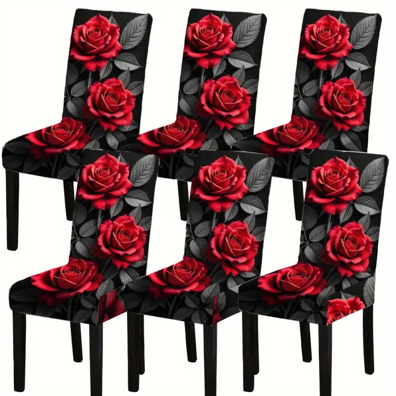 4/6pcs Luxury Black Red Rose Floral Print Stretch Dining Chair Cover – Removable Washable Dramatic Floral Slipcover