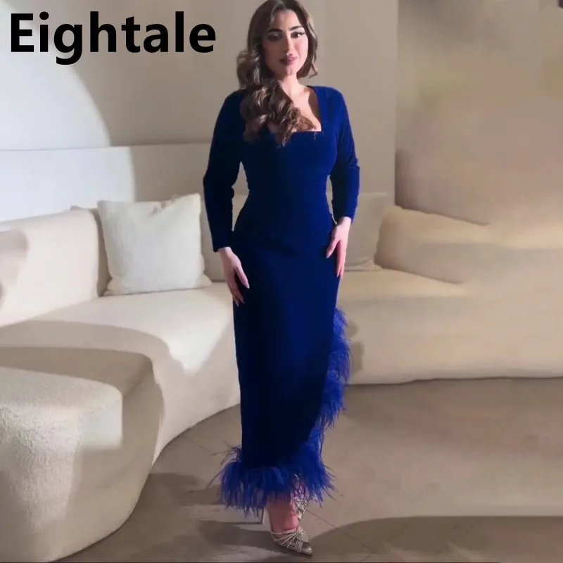 

Eightale 2023 Royal Blue Velour Mermaid Evening Dress Square Collar Long Sleeve Dubai Prom Dress Arabic Formal Party Gown