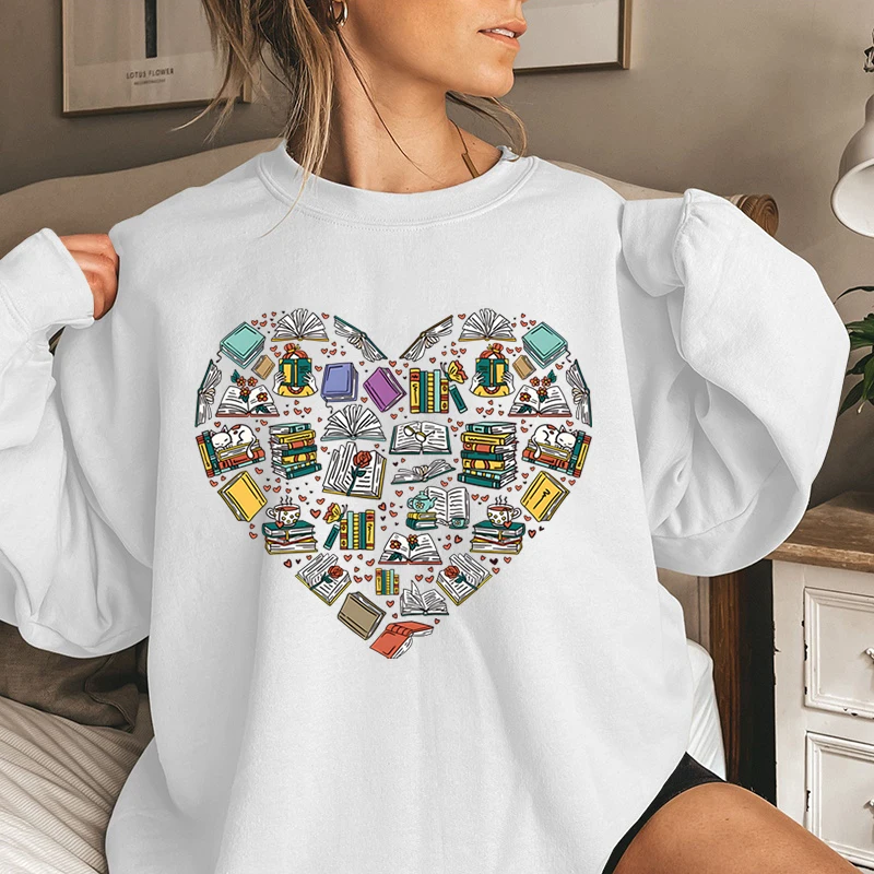 Books Heart Print Sweatshirts Book Lovers Pullovers Women Fashion Casual Sweatshirt Bookworms Gifts Ladies Oversized Pullovers