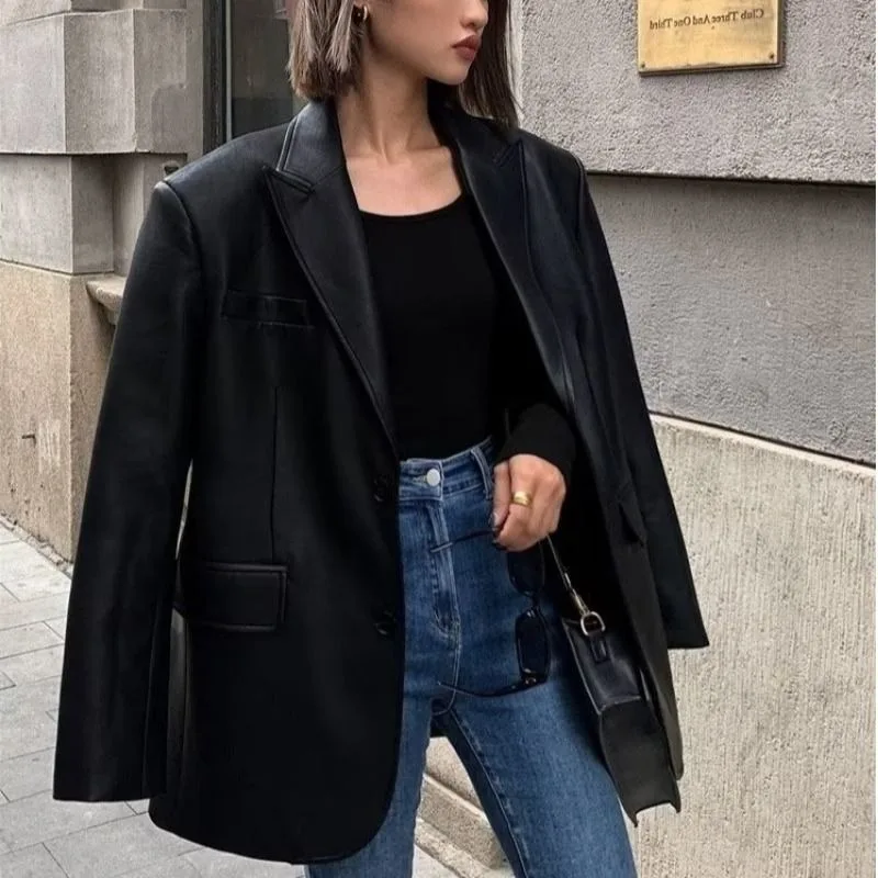 Lnsozkdg Punk giacca in pelle nera donna coreano Vintage Streetwear Blazer in pelle bottone Casual inverno caldo cappotti in pelle allentata