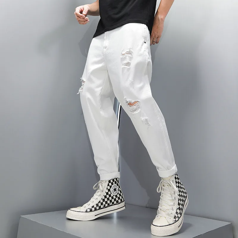

White Hole Patched Jeans Trousers Men's Loose Solid Color Casual Trendy Ankle Length Jeans Pants Male Casual Trendy Denim Pants