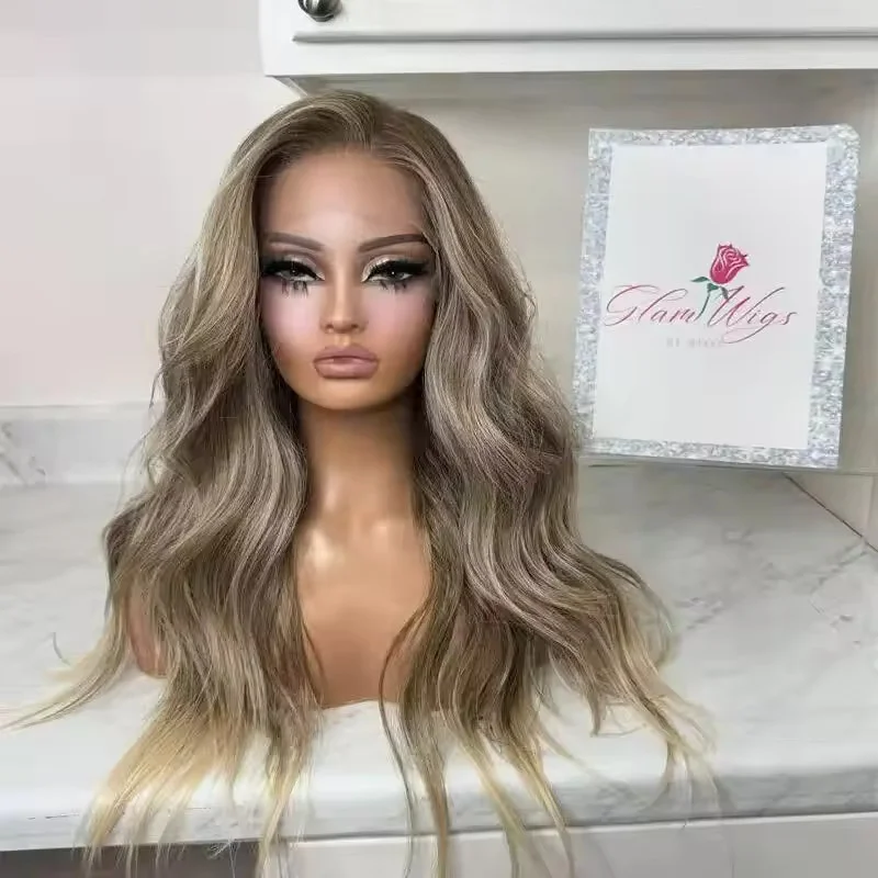 Balayage Ombre Dirty Blonde Ash Brown Highlight Lace Front 100% Human Hair Wigs