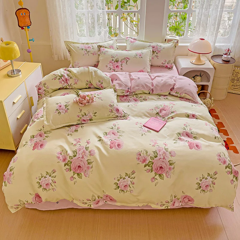 Begonia Flower Duvet Cover 4pcs Bedding Set Pink Floral Quilt Cover Polyester Home Comforter Cover 1 Flat Sheet 2 Pillowcases