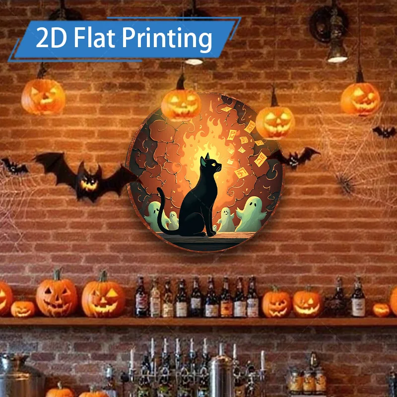 Targa in metallo da 1 pezzo, stampa artistica in ferro con gatto nero e fantasmi di Halloween da 4x16 pollici, decorazione festiva per bar, stampa piatta 2D