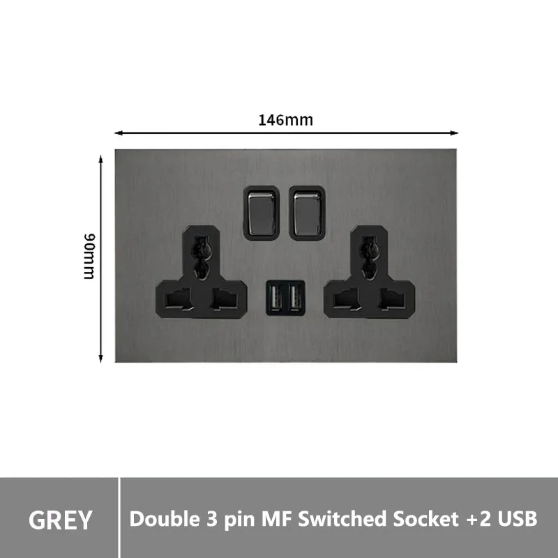 Matte Gray Wall Light Switch 2 Way Universal Power Socket UK Socket Type C Charger Port Stainless Steel Panel