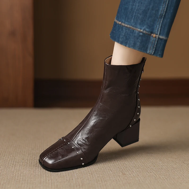 

Top Grain Sheepskin Square Toe Studded Block Heel Slim Ankle Boots for Women