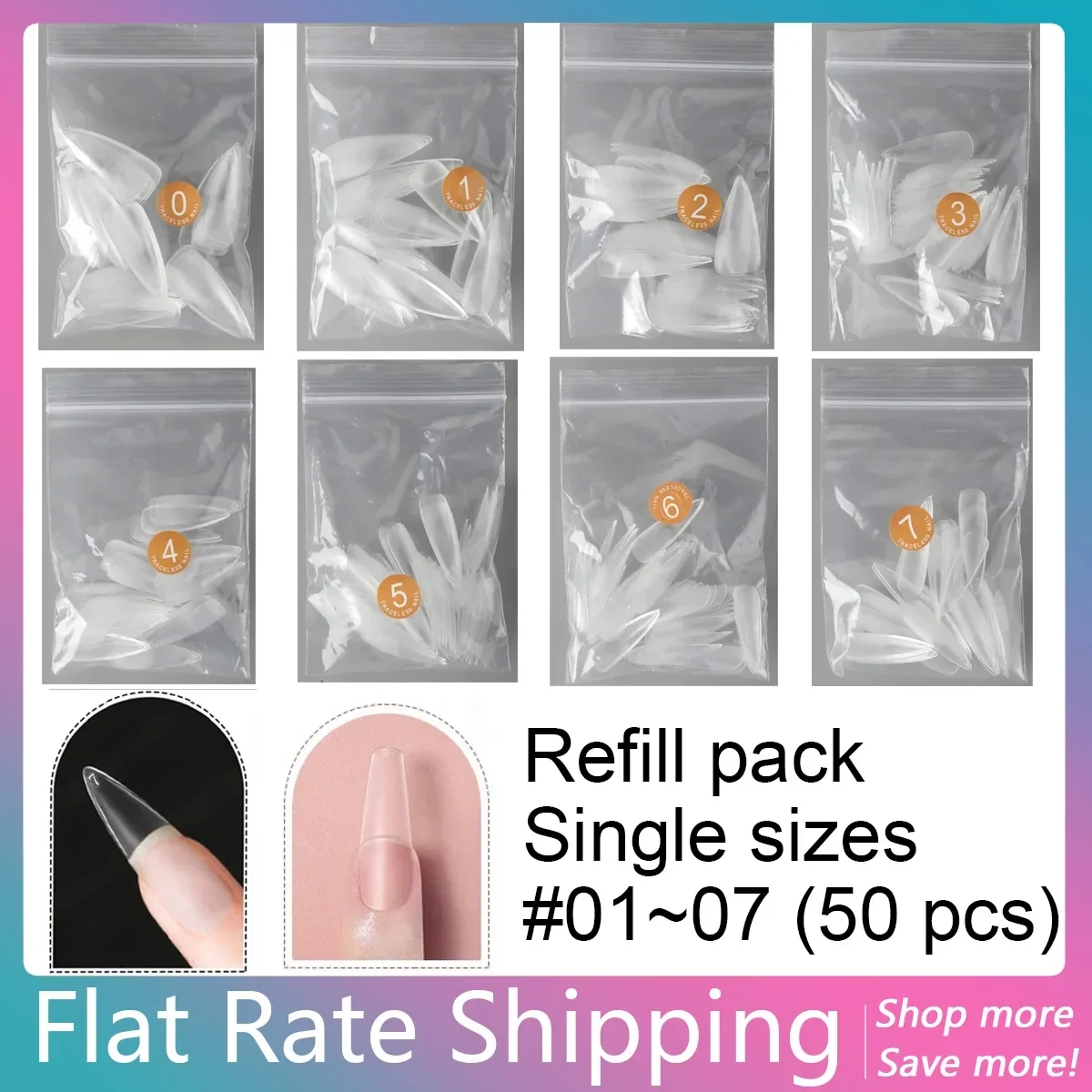 

50 Pieces Refill Pack No-Trace False Nail Tips Size 0 To 7 Fake Nail Tips Single Size Long Nail Tips Acrylic Press on Nails