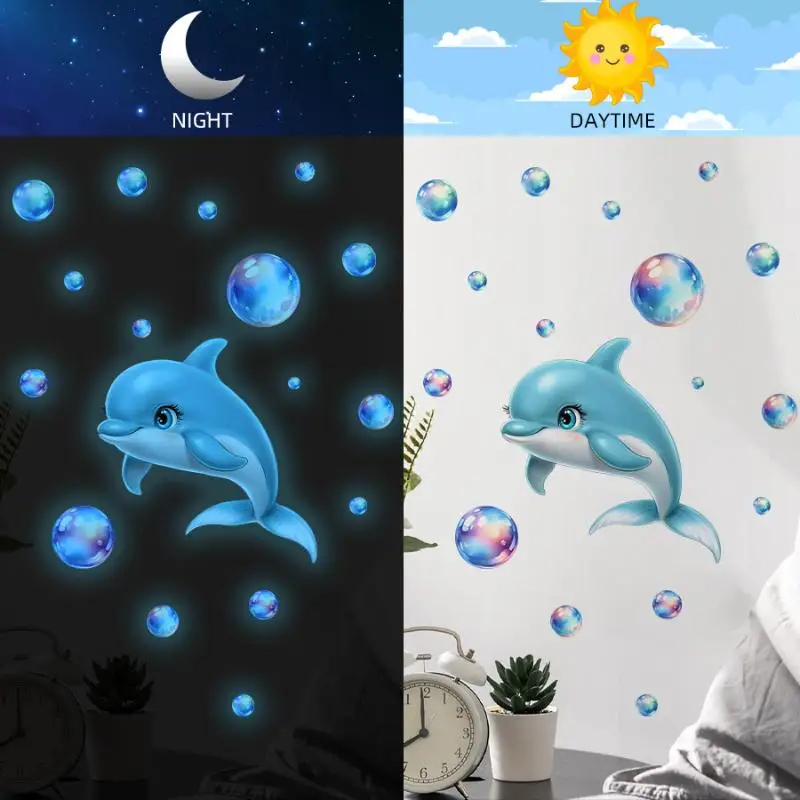 Glow In The Dark Dolphin Bubble Wall Stickers Ocean Theme Removable Self Adhesive Wall Decals For Kids Bedroom Bathroom Toilet H